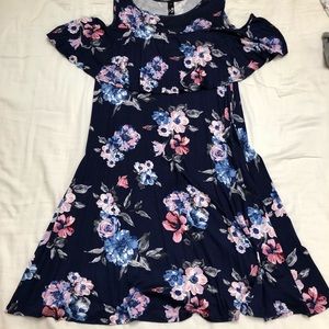 ING Navy Floral Knee-Length Dress with off-the-shoulder detail